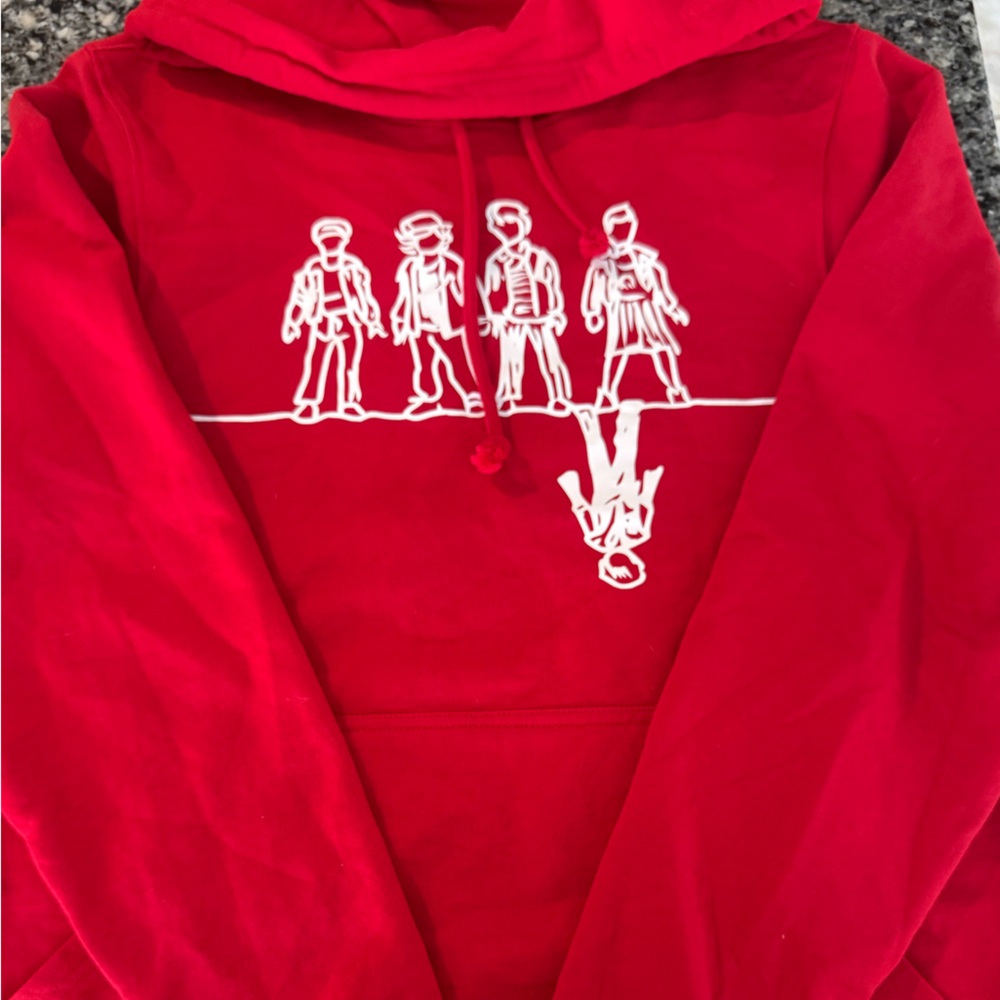 Vibrant Red Hoodie with Stranger Things Character Graphic Print